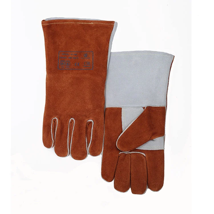 Guantes de soldadura tipo electrodo color café y gris para trabajo pesado